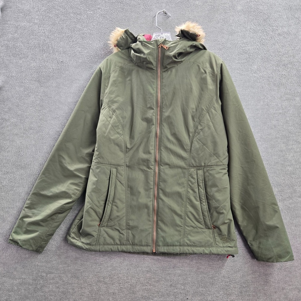 Mountain Hardwear Women Jacket Large Green Parka Hooded Full Zip READ